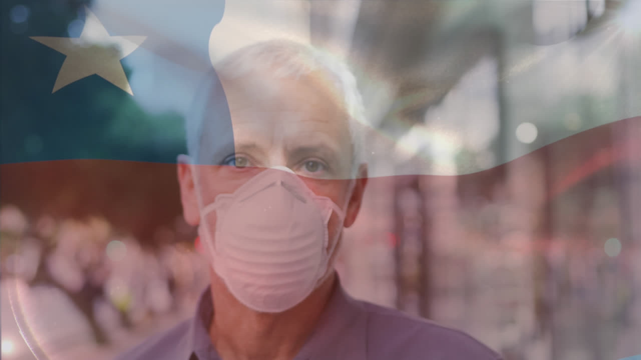 Animazione di bandiera cilena che sventola su ritratto di uomo caucasico che indossa mascherina per strada