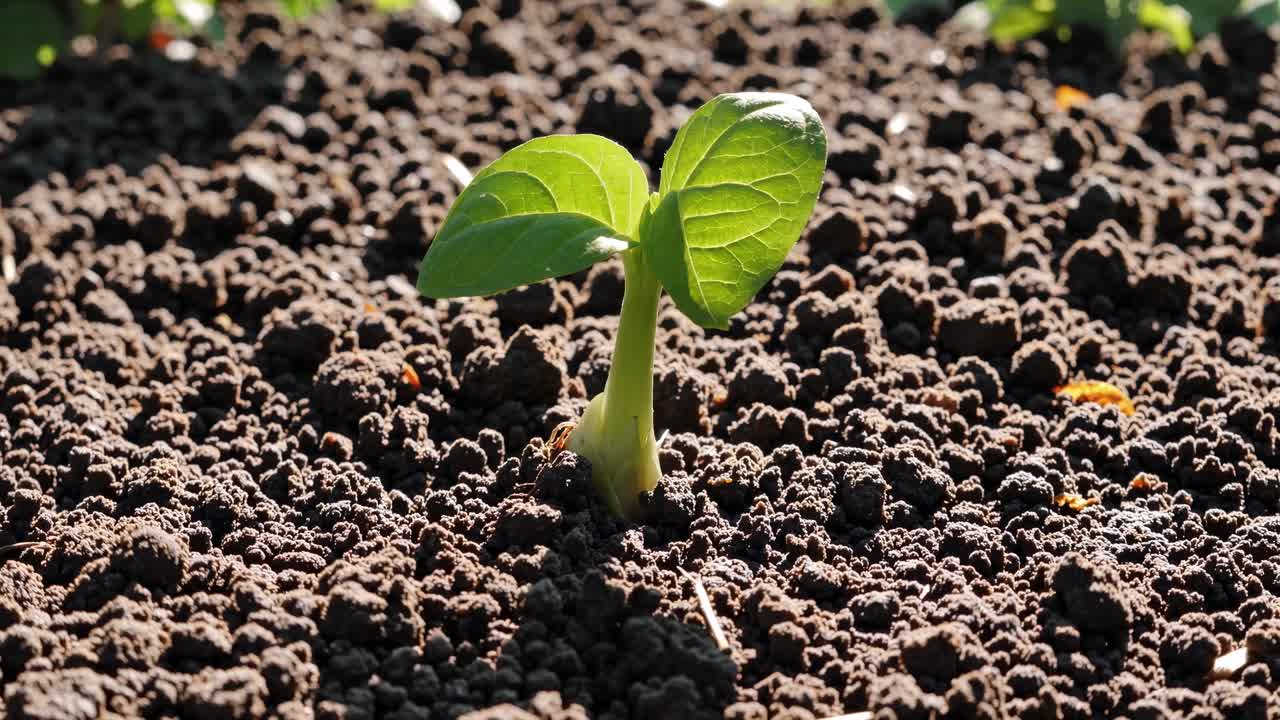 Primo piano di un video con una piantina verde che spunta da un terreno ricco e strutturato, a simboleggiare la crescita