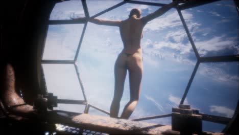 mujer observando la tierra desde las ventanas de la estación espacial tierra azul y nubes