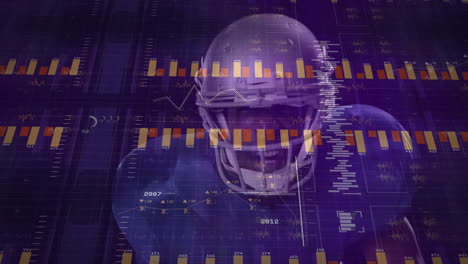 overlaying financial graphs, animation of football player in action on field