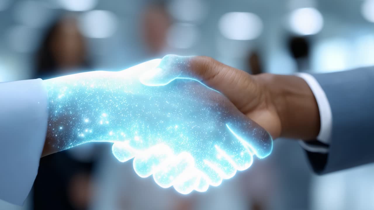 A Symbolic Handshake Representing Unity and Collaboration with a Glowing Touch, Signifying Trust and Partnership in a Modern Business Environment