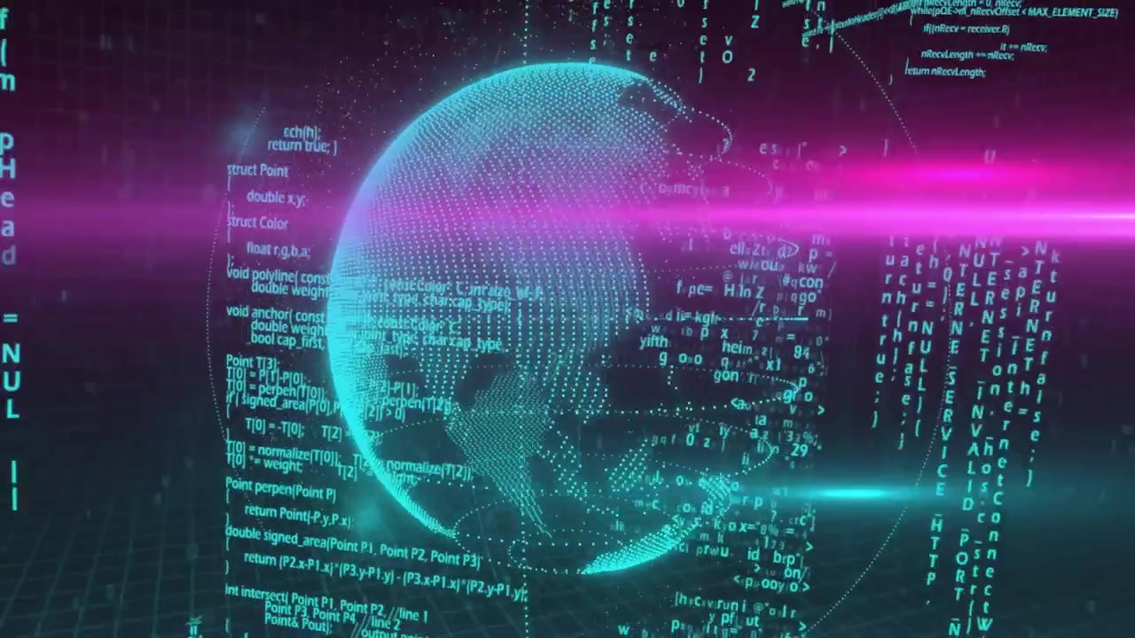 Globo wireframe luminoso che si apre e ruota, con codice in streaming e un raggio magenta che seziona per la visualizzazione