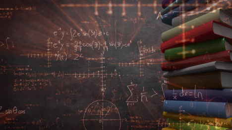 ecuaciones matemáticas y libros giratorios en la pantalla lateral