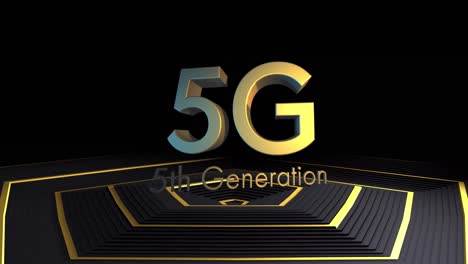 animation of 5g 5th generation text over gold pattern on black background