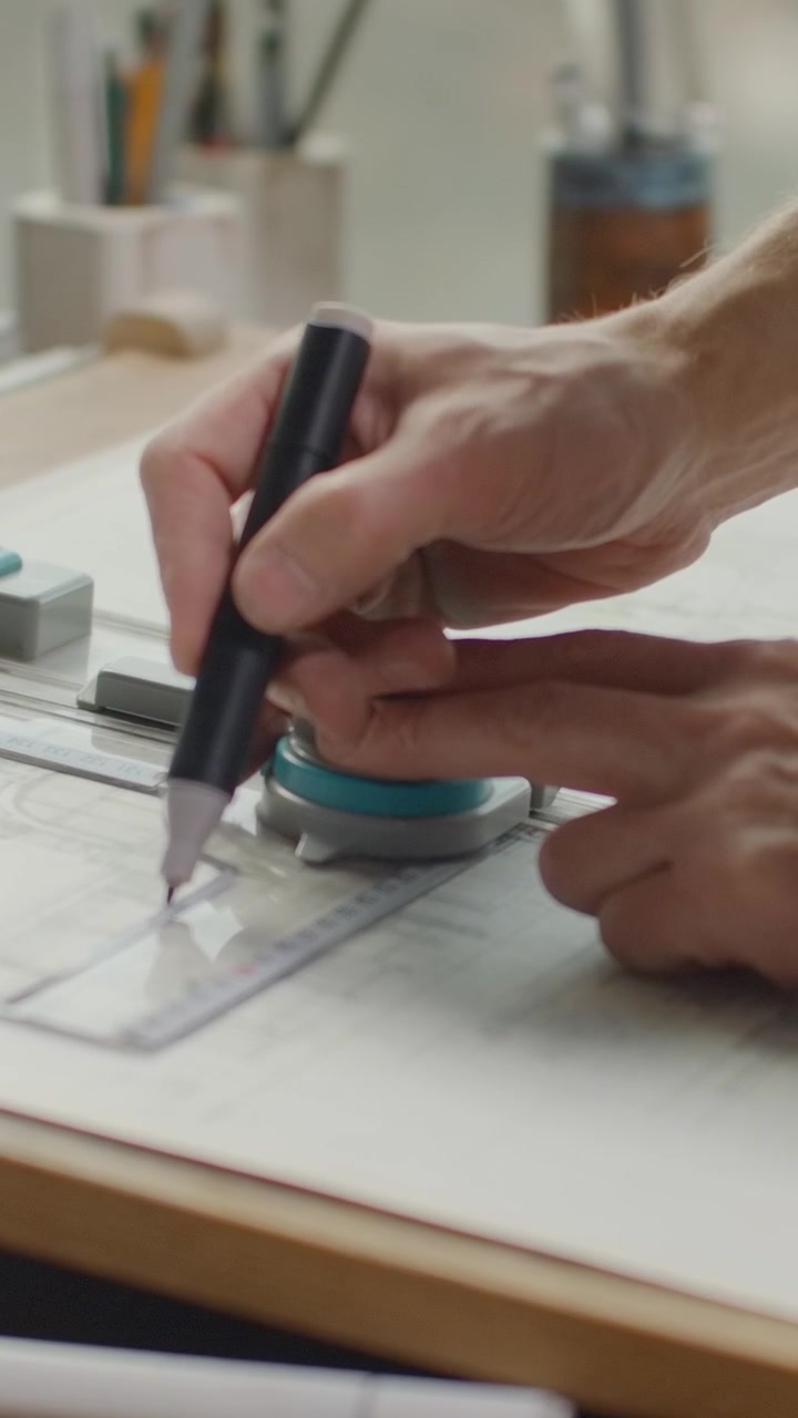 Architect Drawing Technical Blueprints on Drafting Table