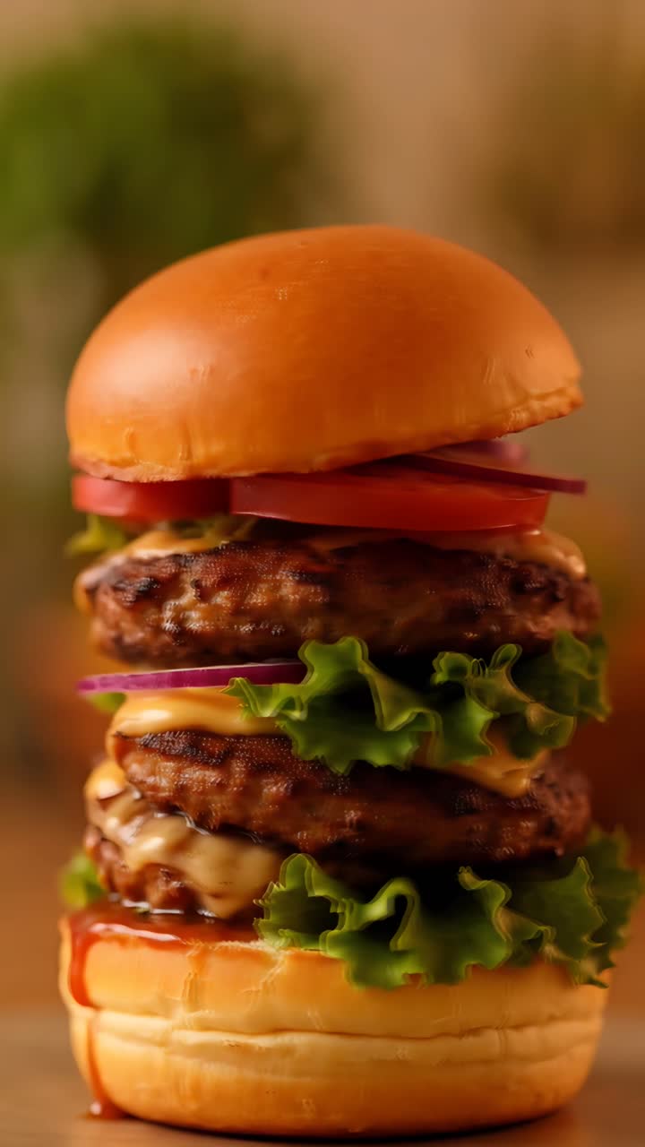 Hamburger Succoso Primo Piano Sfondo Bokeh 4K