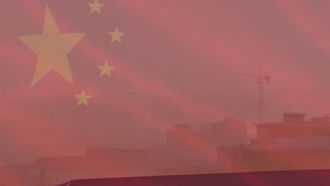 Animación-De-La-Bandera-De-China-Sobre-El-Paisaje-Urbano.