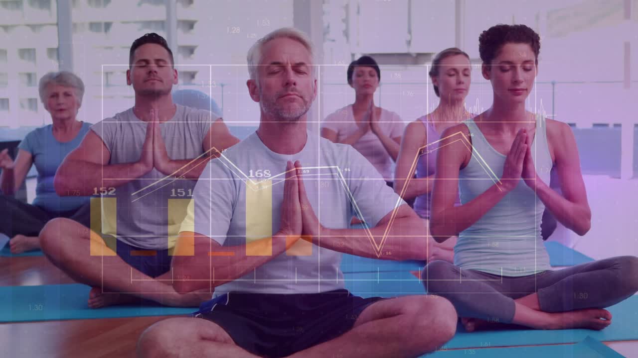 Man center and five peers following breath cues, shifting mudras for meditation, overlays updating