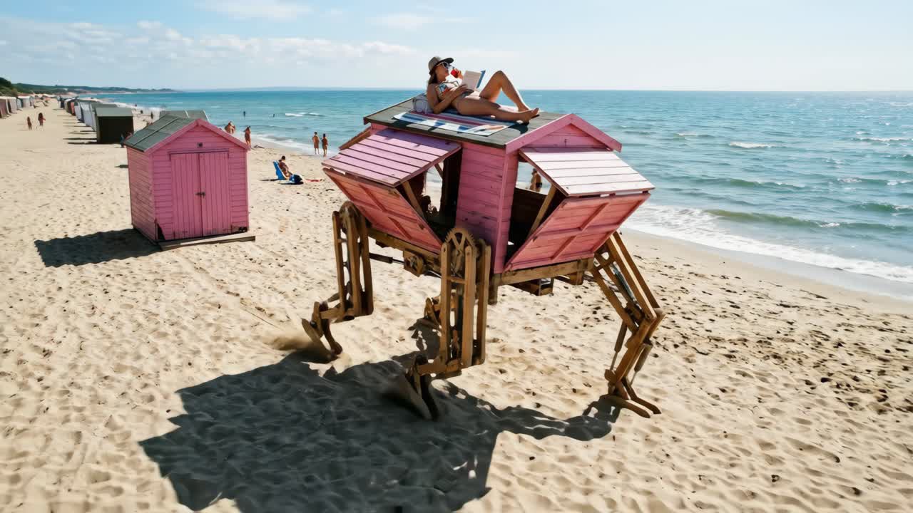 Frau liest auf einer einzigartigen Schreit-Strandhütte an einem sonnigen Strand
