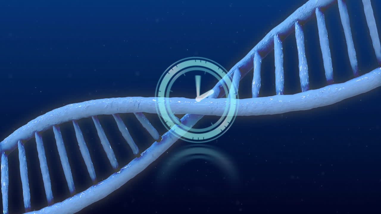 Renderização 3D de hélice de DNA torcendo em fundo azul escuro, sobreposição de medidor brilhante e partículas flutuantes