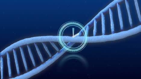 3d render dna helix twisting on dark blue backdrop, glowing gauge overlay and drifting particles