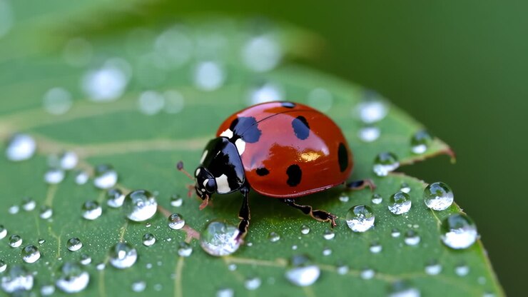 La coccinella su una foglia di rugiada