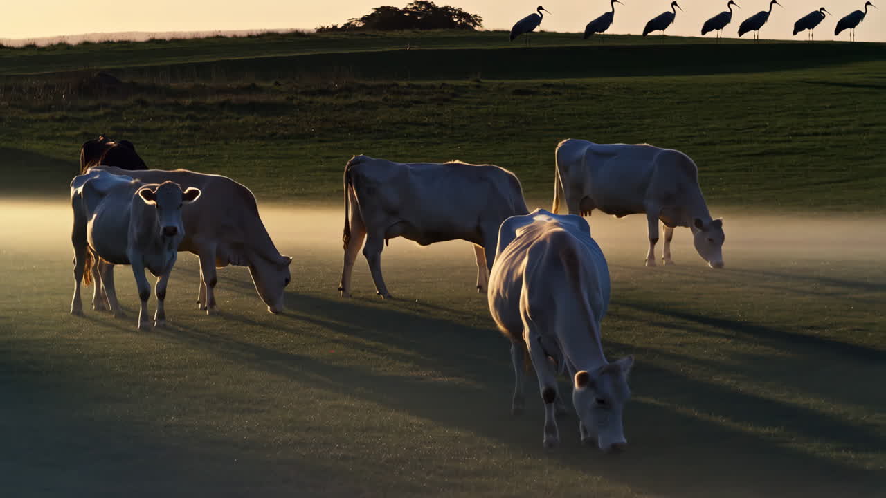 Cows and Cranes Grazing in a Misty Field at Sunrise