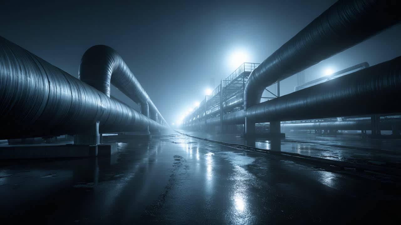 Industrial Landscape Featuring Metal Pipelines Under Dim Lights in a Foggy Environment, Captured at Night to Highlight the Structures and Surroundings