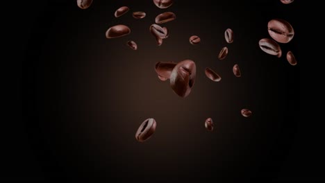 4k freshly roasted coffee beans fly down and spin on a black loop background brown roasted coffee