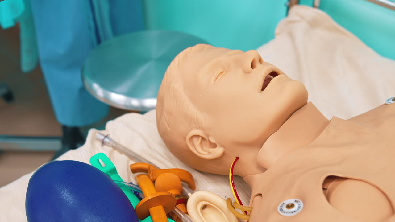 Model of a man in hospital bed. Plastic dummy with medical equipment to perform practice exercises in training room in the university. Close-up.
