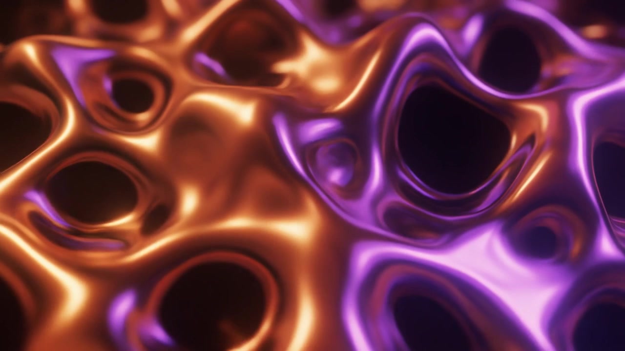 Superfície de Metal Líquido Abstrata com Reflexos Dourados e Roxos