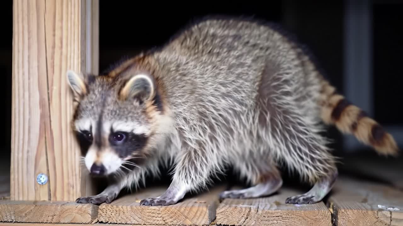 Curious Raccoon Exploring Its Surroundings at Night, Captured in a Tranquil Setting with Intriguing Details Highlighting Its Soft Fur and Striking Features