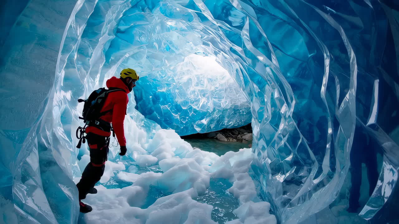 Adventurer exploring a vibrant blue ice cave