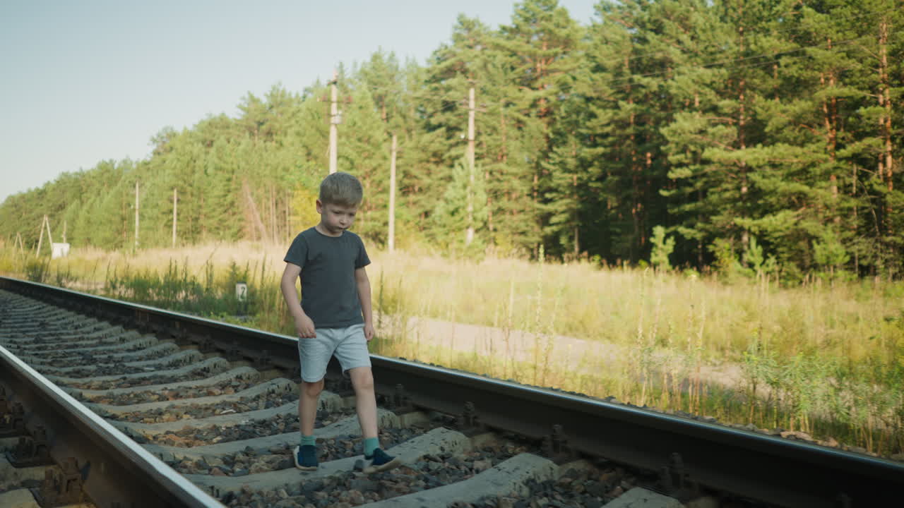 young boy wearing grey shorts and dark shirt walking carefully on gravel-covered rail track with lush forest and utility poles in background under clear blue sky and bright sunlight