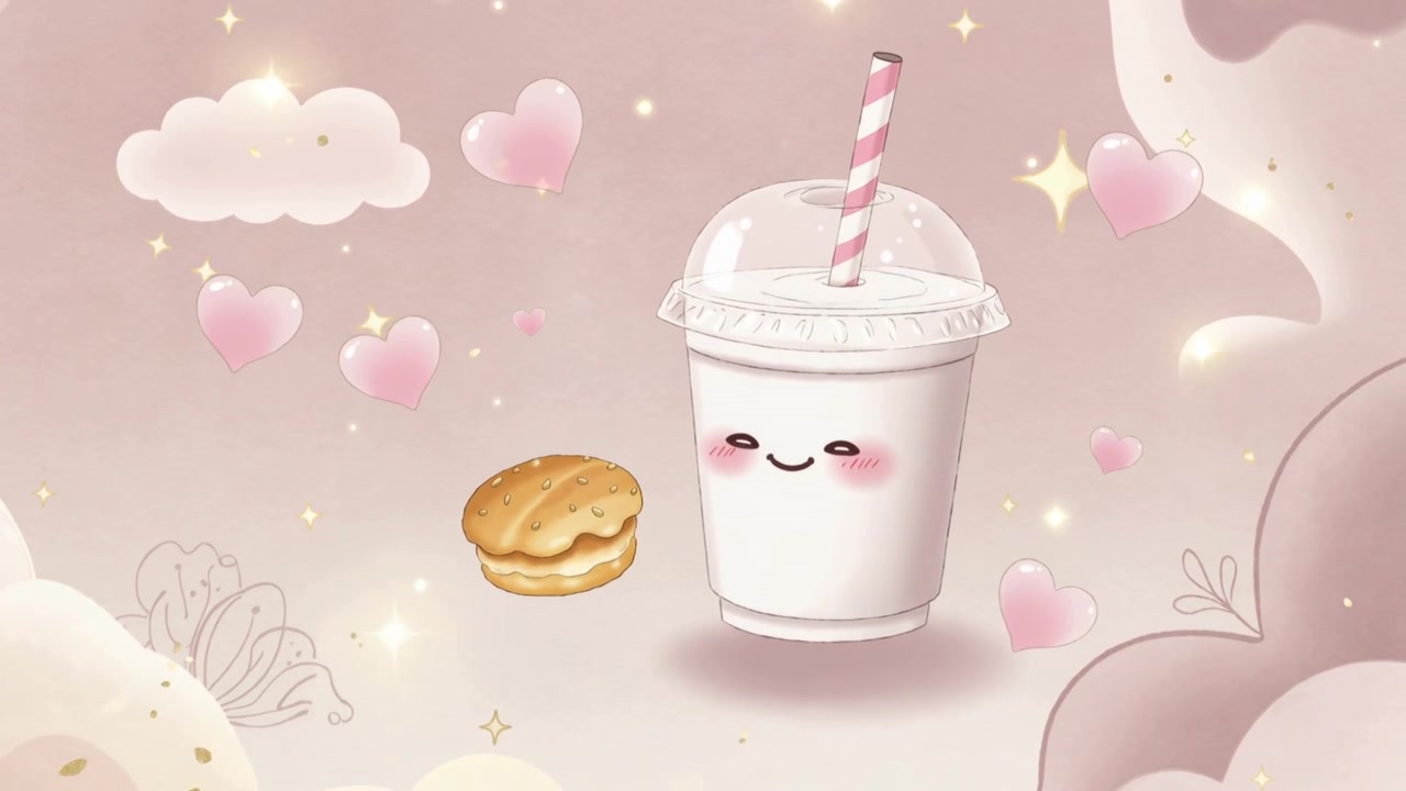 Bucle relajante: taza blanca con pajita flotando en las nubes, galleta a la deriva y corazones centelleando.