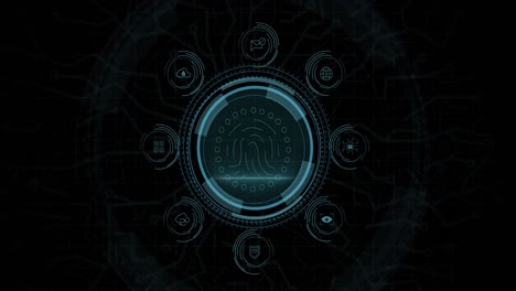 animación del escaneo de huellas dactilares en círculo y protección de datos sobre fondo negro