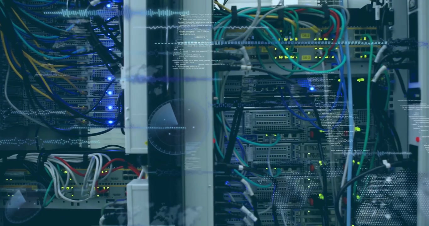 Camera panning right revealing rack cluster, waveforms overlaying cables showing network traffic