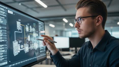 a focused professional analyzes complex data visualizations on a digital screen, utilizing advanced technology to enhance understanding and decision-making processes