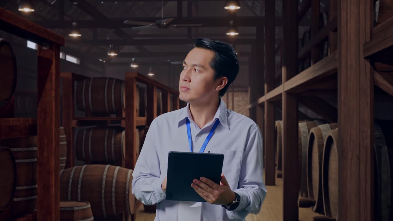 Asian Male Professional Worker Standing With His Tablet In Cellar Of Winery, He Observes By Looking Around Before He Come To Concentrating With His Tablet
