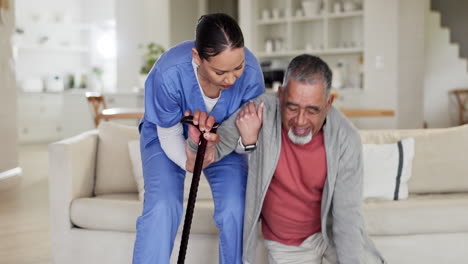 Old-man,-fall-and-nurse-help-on-the-floor-in-home