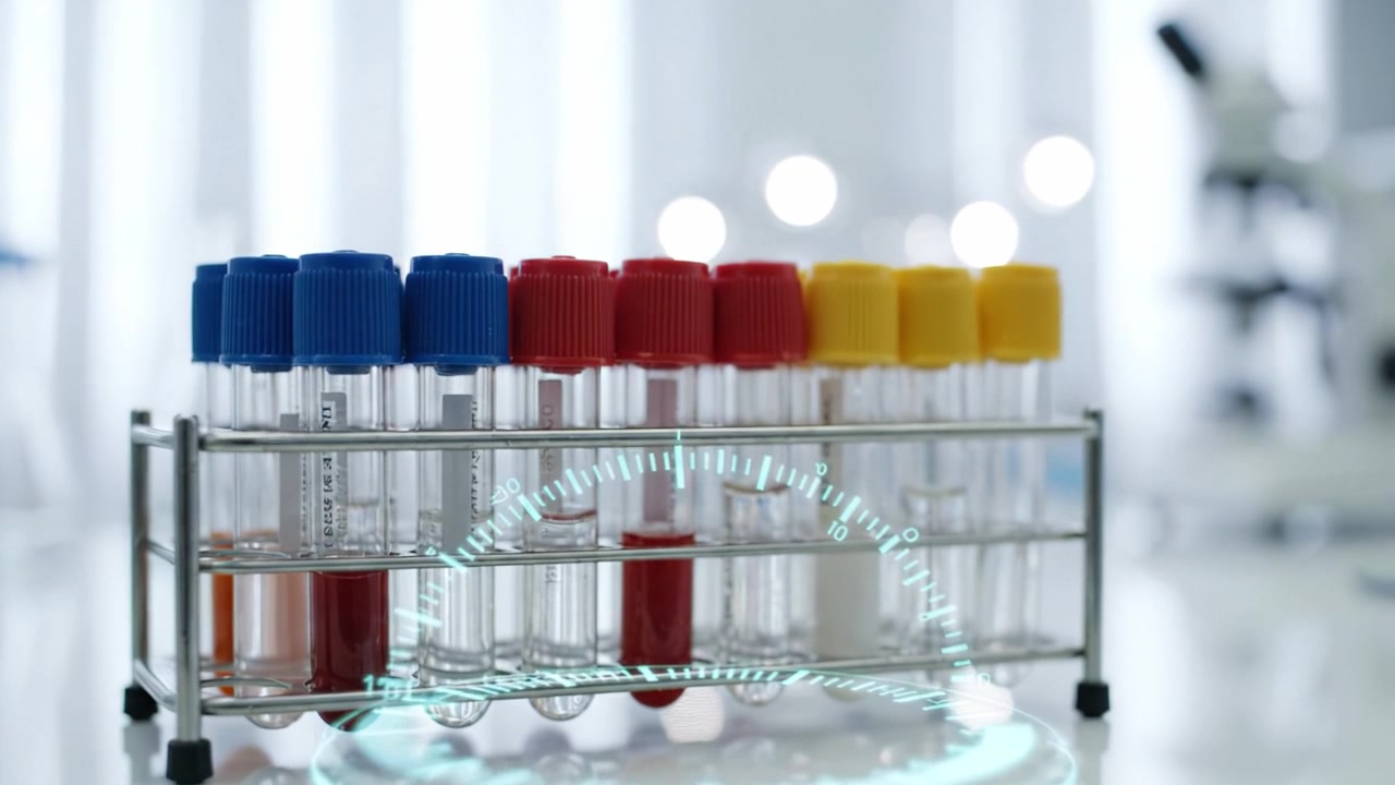 Collection of laboratory test tubes with colored caps in a testing facility, showcasing an organized arrangement for various medical and scientific needs.