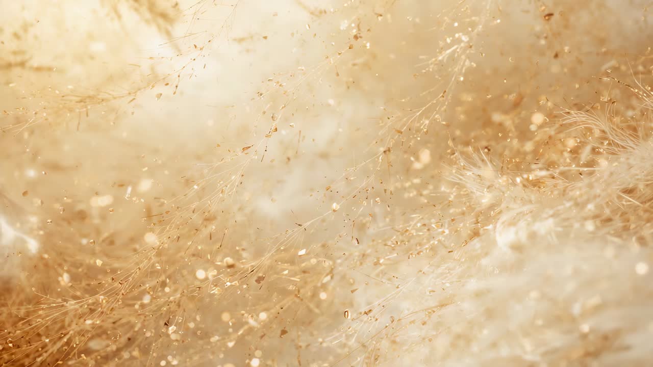 Shimmering golden fibrous strands drifting in studio macro close-up, particles catching warm light