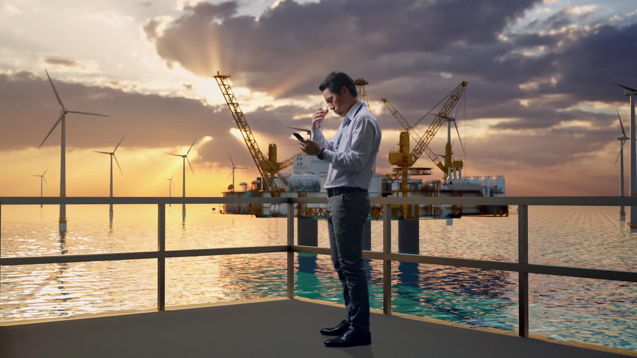 해가 지는 동안 해상 플랫폼에서 휴대전화를 사용하는 사업가