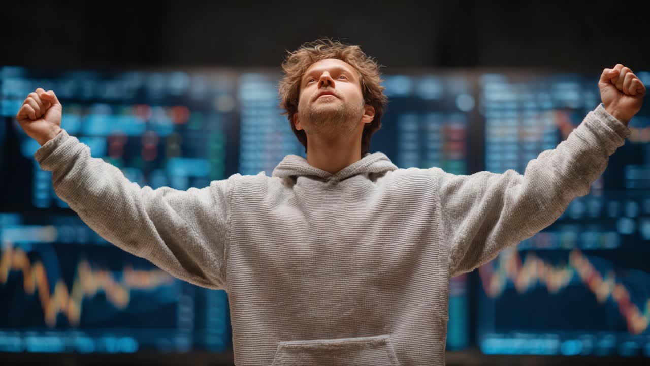 A triumphant individual celebrating success with raised arms, standing in front of financial graphs and data, exuding joy and determination in a trading environment