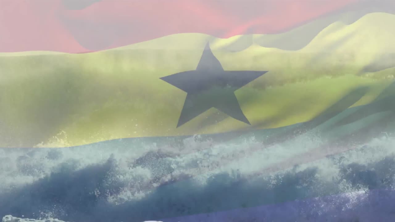 animación de la bandera de ghana ondeando sobre las olas que se estrellan en el mar