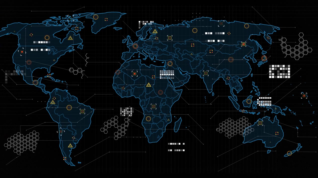Animation of world map on black background