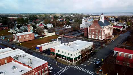 fast pushing aerial into church and historic buildings in new bern nc, north carolina