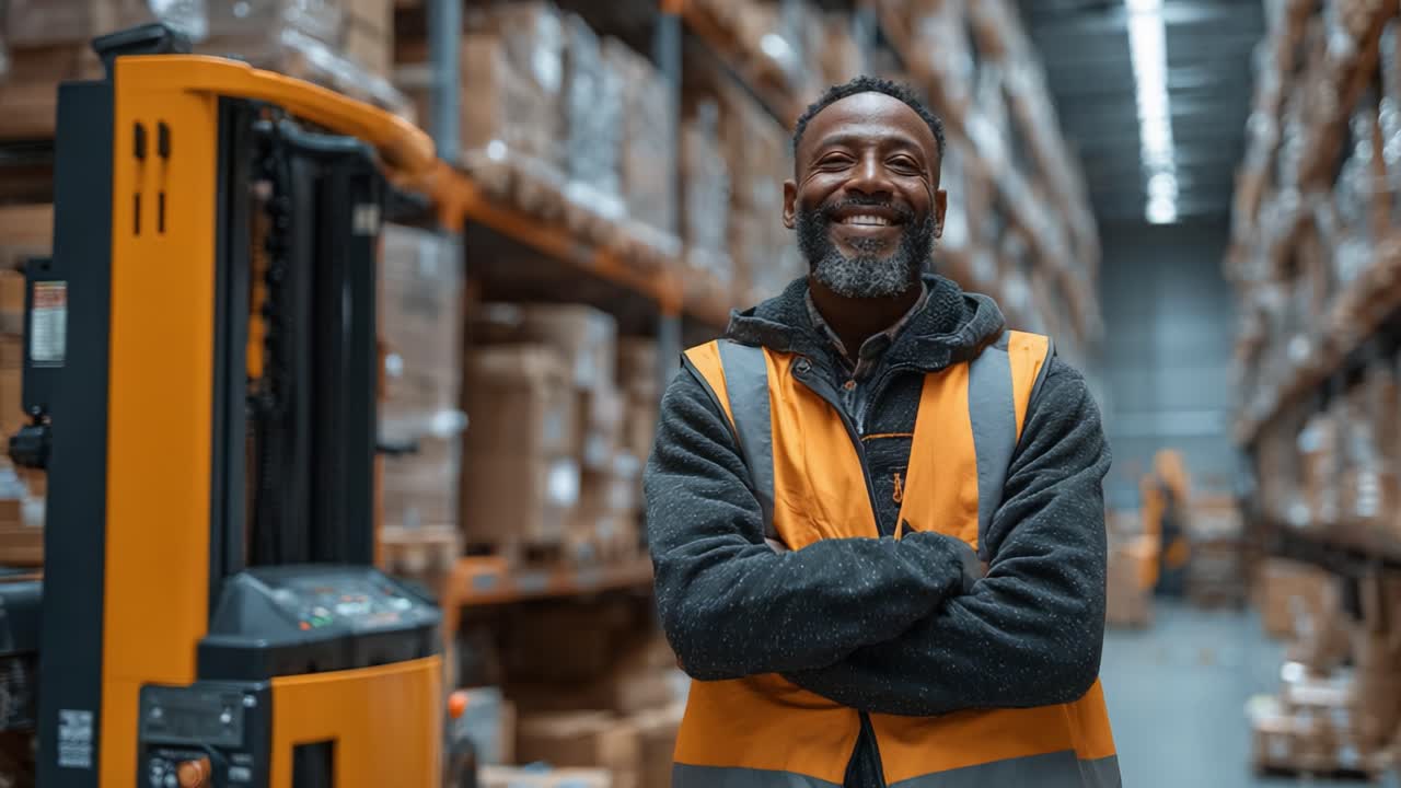 Smiling Warehouse Worker Standing Confidently with Forklift in Inventory Storage Area, Showcasing Dedication and Team Spirit in Logistics Environment