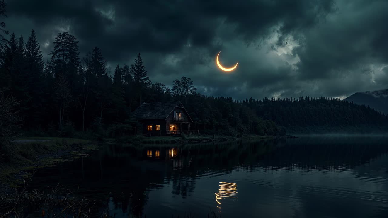 An eerie nightscape displaying a quaint cottage and captivating crescent moon reflection