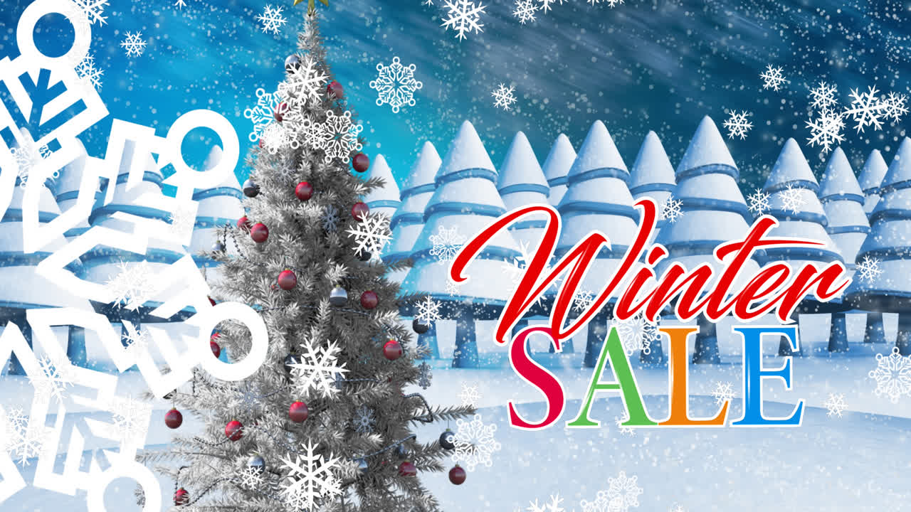 겨울 풍경에서 소나무 위의 겨울 판매 텍스트의 애니메이션