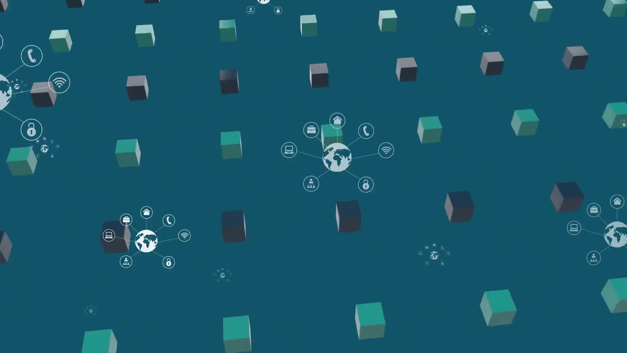 녹색 공간에서 회전하는 큐브 위에 지구와 통신 아이콘의 애니메이션