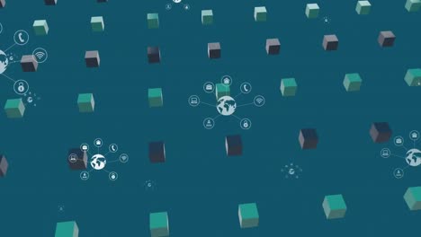 animación de globos y iconos de telecomunicaciones sobre cubos giratorios en espacio verde