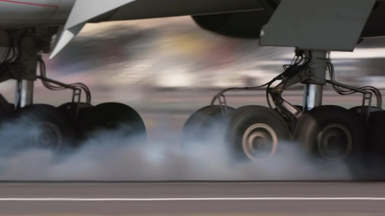 Carrello di atterraggio di un aereo che atterra su pista aeroportuale