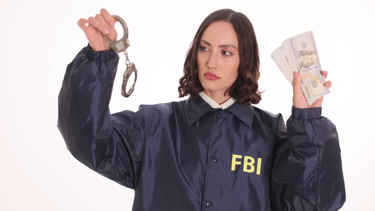 Naispuolinen FBI-agentti pitelee käsiraudoista ja rahaa