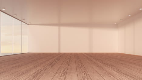 light changes in the empty room with wooden floor, 3d rendering.