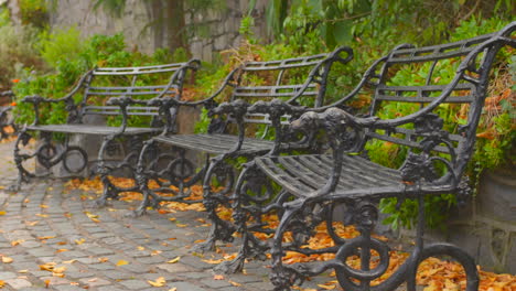 bancos viejos y solitarios en un parque de dublín, irlanda durante el día