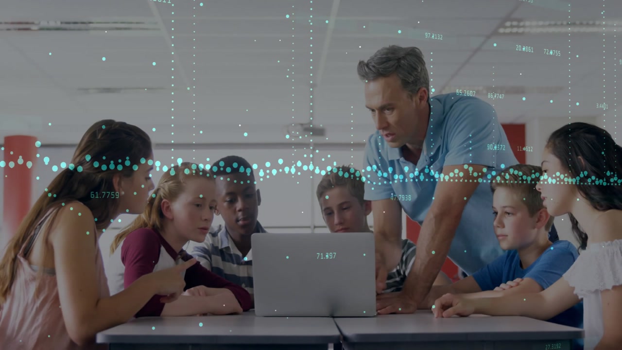 Teacher leaning guiding students pointing, typing as animated data lines illustrating lesson