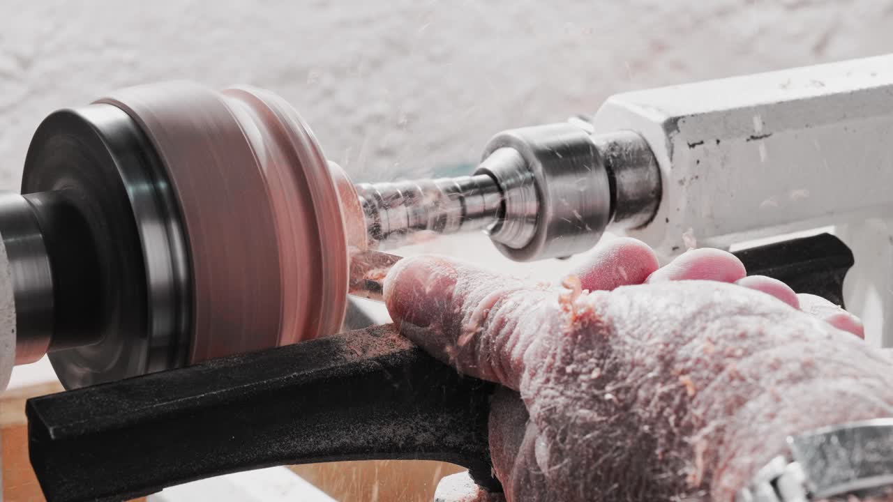Carpenter using a lathe and chisel to turn a disk of wood