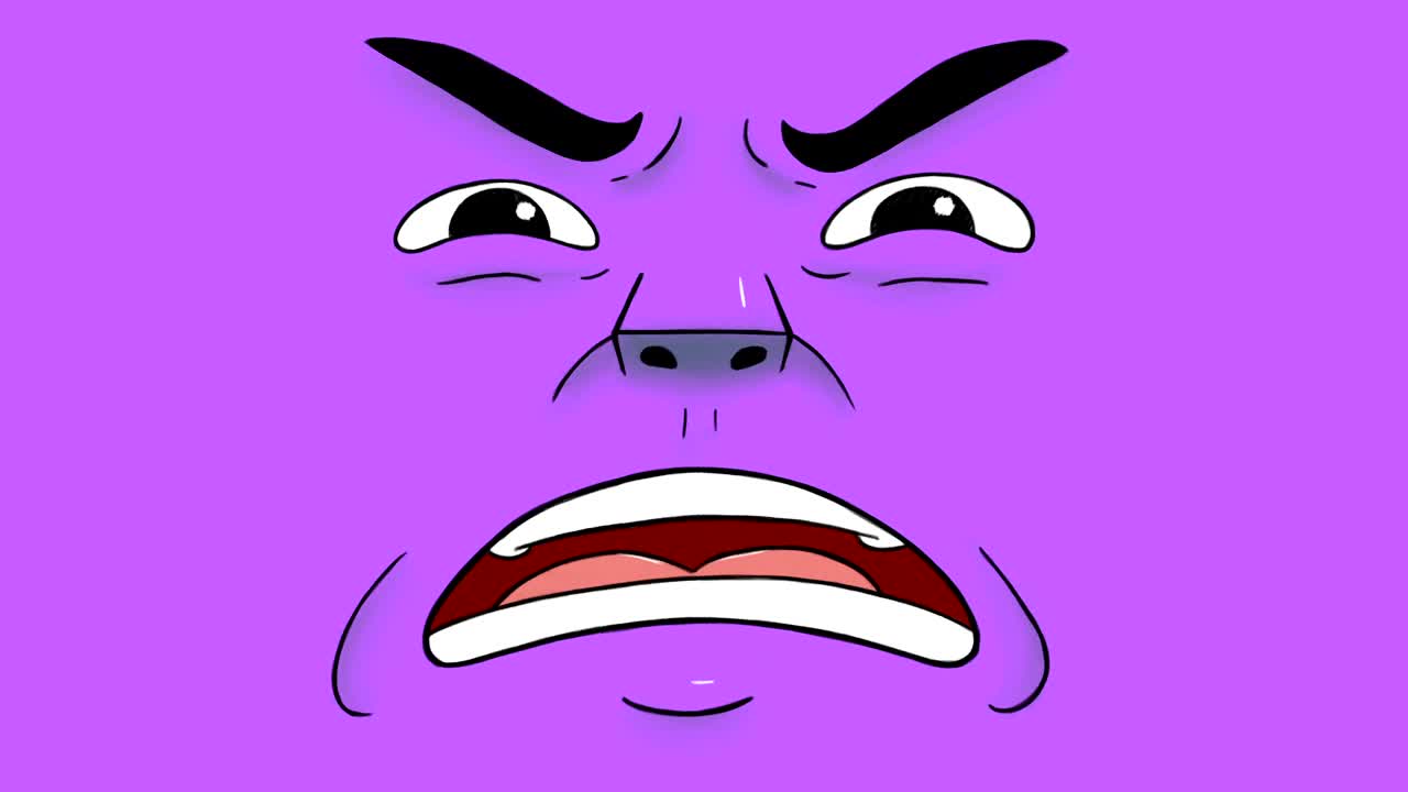 animación dibujada a mano de una cara que muestra asco aislado en fondo púrpura