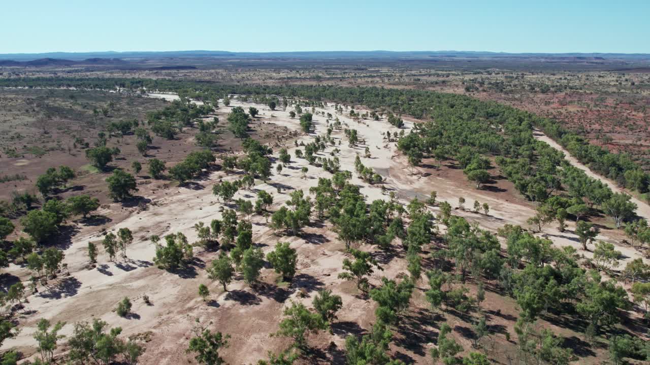 Drone footage of the Finke River near the Stuart Highway in the Northern Territory, Australia. August 2022.
